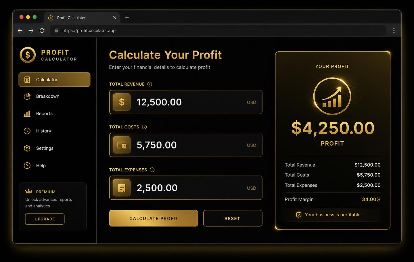 Profit Calculator desktop interface showing revenue, costs, expenses, and a gold profit result card